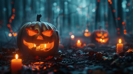 Spooky Halloween night scene with glowing jack-o'-lanterns and flickering candles in a misty forest, perfect for holiday promotions and eerie designs