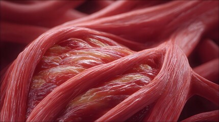 Close up of intricate red muscle fibers and internal biological structures