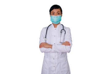 Asian female doctor wearing mask and stethoscope, standing with arms crossed, working in healthcare, transparent background