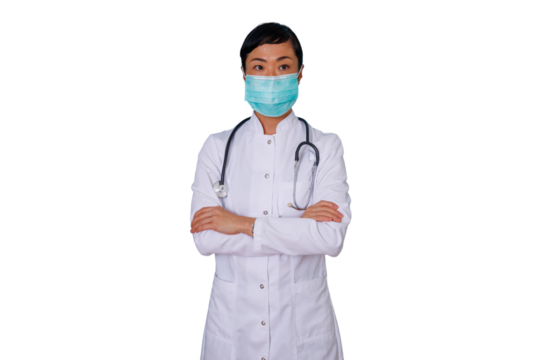 Asian female doctor wearing mask and stethoscope, standing with arms crossed, working in healthcare, transparent background