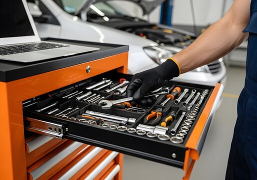 Mechanic Hand Choosing Wrench from Organized Toolbox Drawer in Modern Auto Repair Garage with Laptop
