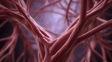 Abstract view of a complex branching biological network of red tubular structures