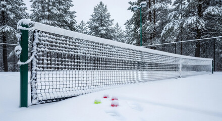 A snow-covered tennis court with a net and colorful tennis balls scattered on the ground. Pine trees surround the area, creating a winter sports scene.