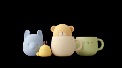 Pink toy piggy bank on a black table with Easter eggs, a china cup of coffee, and breakfast objects