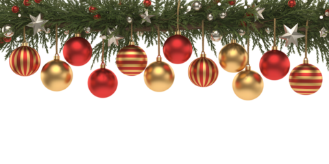 Festive christmas tree garland with red and gold ornaments and twinkling lights on a black background