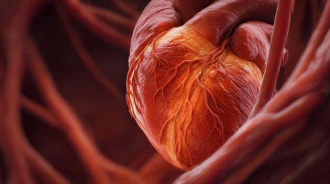Close up view of a human heart showcasing its intricate network of arteries and veins