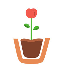 A simple flat illustration of an open-top flower pot with visible soil and a growing red plant, symbolizing growth, development, nurturing, and nature themes for gardening, education, eco projects