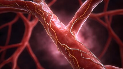 Detailed ro view of branching red blood vessels forming an intricate vascular network