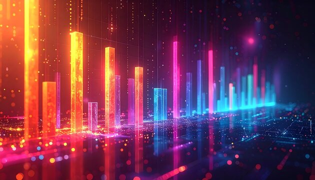 Vibrant data columns, colored red to blue, seemingly hover above a reflective surface with glowing particles