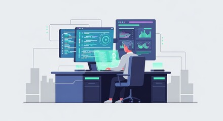 A skilled programmer at a control center workstation, analyzing complex code and data visualizations on multiple screens