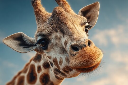 Cinematic close-up portrait of a curious giraffe looking at camera under blue sky - Powered by Adobe