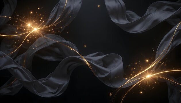 Elegant flowing dark fabric intertwined with glowing golden light trails on black background