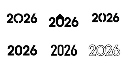 Stylized 2026 year numbers set with creative cutouts and unique negative space designs, vector illustrations for distinctive calendar or brand identity projects