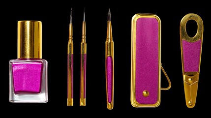 Beauty makeup set with pink and red nail polish bottles, brush, and cosmetic accessories isolated on white background