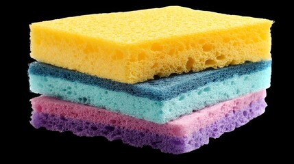 Stack of colorful household cleaning sponges, isolated on a white background, for kitchen wash and domestic scrub