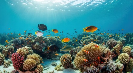 Obraz premium Vibrant Tropical Coral Reef Thriving with Diverse Fish and Sunbeams Underwater