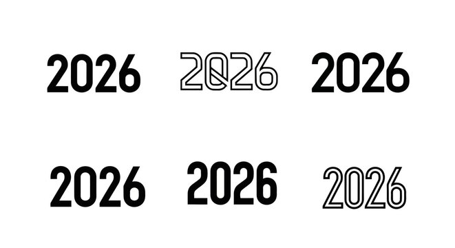 Bold black font 2026 simple isolated numbers on clean white background, contemporary design for calendar covers banners or posters, digital year display