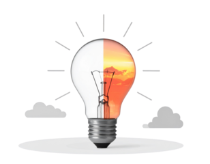 Light bulb with half bright white and half fiery sunset reflection isolated on transparent background