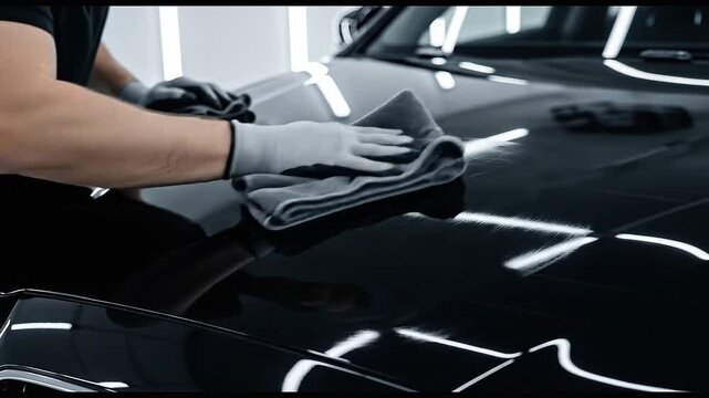 Gloved hands meticulously polishing a black car's hood with a microfiber cloth for a brilliant shine and paint protection during a professional auto detailing service