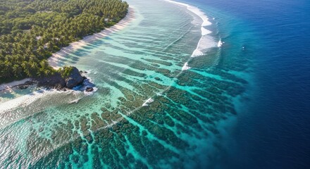Pristine Tropical Island Beach and Coral Reef Aerial with Clear Turquoise Ocean Water for Travel and Vacation Concepts