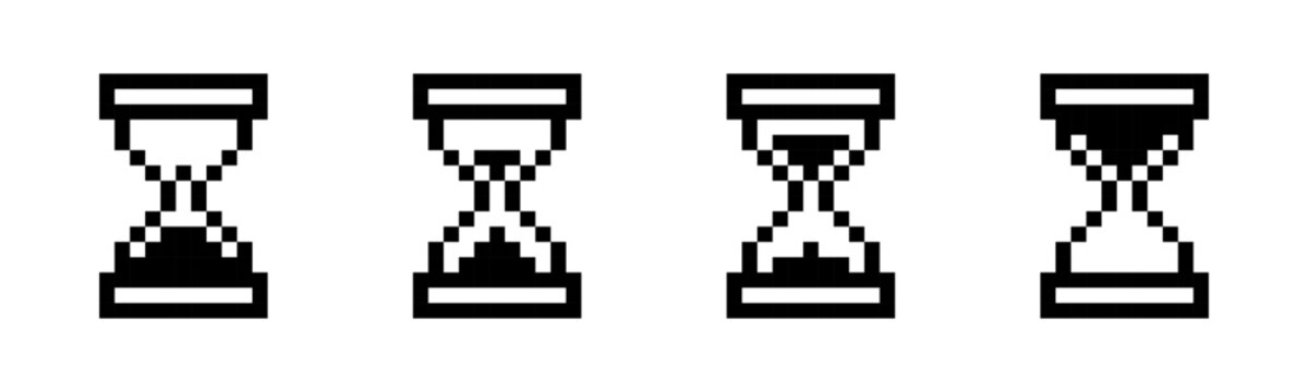 Pixel hourglass, flat vector illustration with timer, countdown icons
