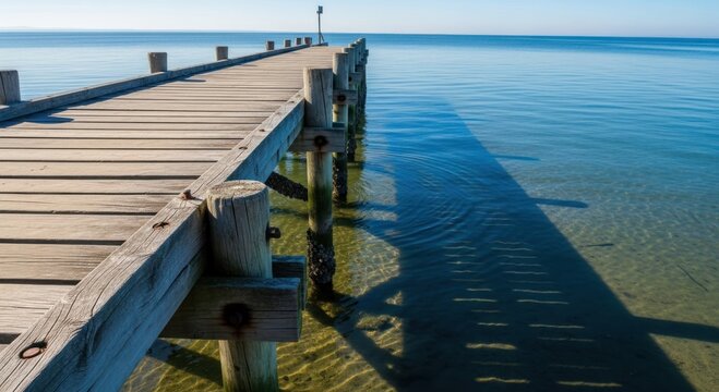 Coastal Wooden Jetty Extending into Tranquil Blue Ocean on a Sunny Day - Powered by Adobe