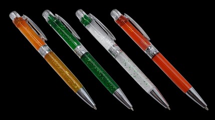 Isolated close-up of a set of black and silver ballpoint pens, essential metal writing tools for business, office, and school stationery