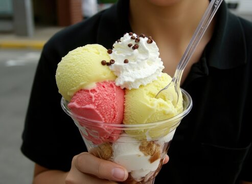 Enjoy a refreshing ice cream sundae with fruity scoops and whipped cream, sweet dessert treats, ice cream parlor favorites