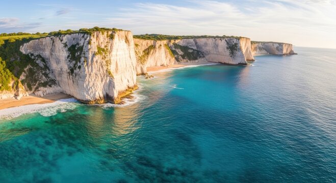 Breathtaking Coastal Panorama with Majestic White Chalk Cliffs and Turquoise Ocean Waters