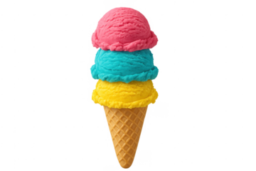 Delicious colorful ice cream scoops tower on cone