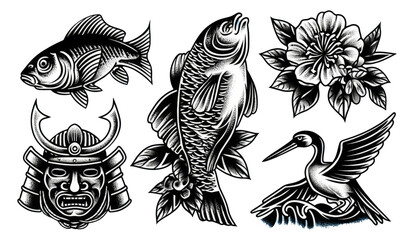 Obraz premium Traditional Japanese Tattoo Designs Featuring Fish, Flowers, and Samurai Elements