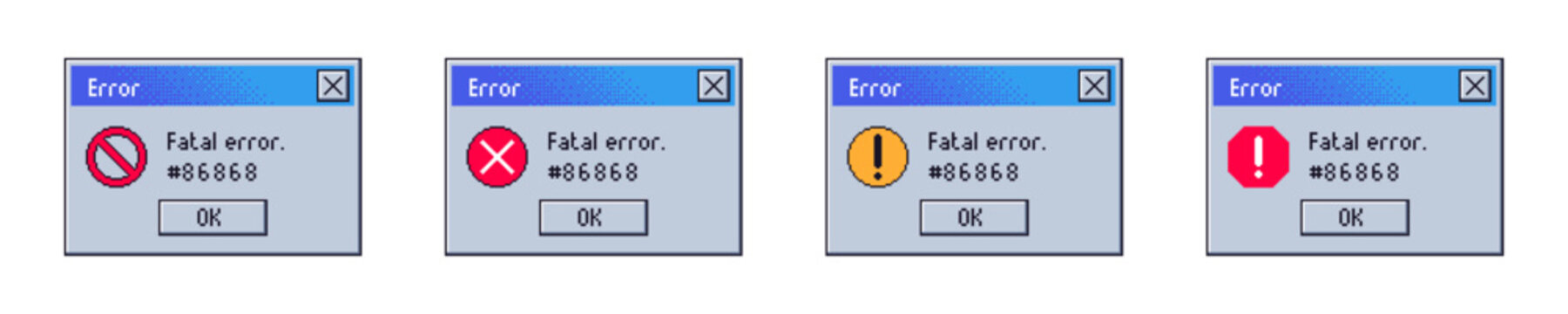 Error messages, flat vector illustration with pixel art style and alert symbols