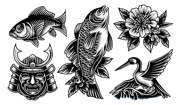 Traditional Japanese Tattoo Designs Featuring Fish, Flowers, and Samurai Elements