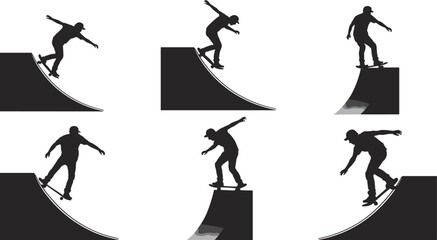 Skateboarder drop-in silhouette sequence on quarter pipe ramp, skateboarding trick motion, extreme sport action pose, flat vector illustration