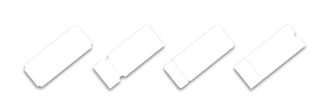Blank ticket designs, flat vector illustration featuring simple mockups