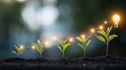 Small plants grow, connected by light, forming an upward path to a glowing bulb