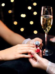 Close-up of female hands with stylish manicure against festive bokeh lights. Detailed nail design, glossy polish and elegant hand pose for beauty category.