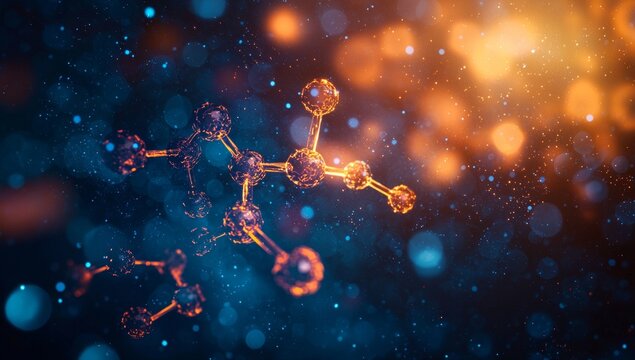 Abstract Molecular Structure Visualization: 3D Render of Scientific Model with Glowing Spheres and Connecting Bonds on a Dark Background