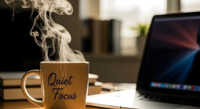 A cozy workspace featuring a steaming coffee mug with the words 'Quiet Focus' next to a laptop on a desk in a well-lit room
