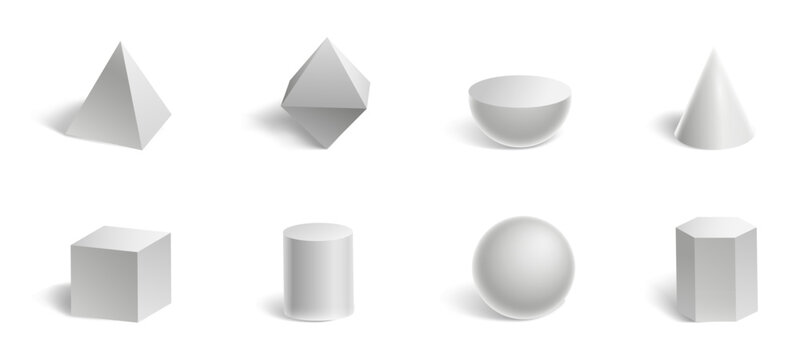 Geometric shapes assortment, flat vector illustration with 3d objects and shadows