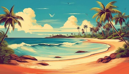 vintage inspired postcard reminiscent of a caribbean island featuring pristine beaches classic typography and a retro color palette tropical paradise while ensuring