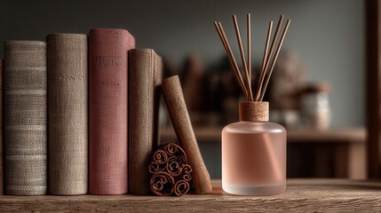 Frosted glass diffuser with reed sticks on cozy wooden shelf cinnamon and warm home decor vibes