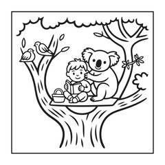 Animals with kids like the elements of black and white coloring pages for children, adults, and teens.