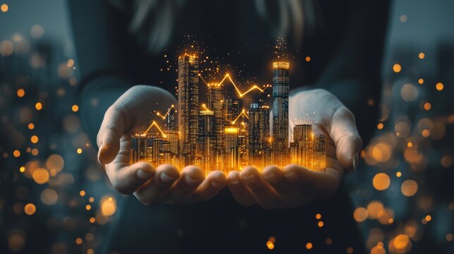 Woman Holding Glowing Cityscape with Financial Growth Chart, Representing Urban Development, Investment, and Future Planning, with Bokeh Lights