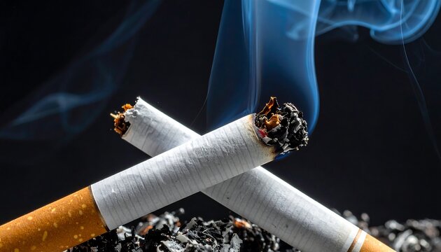 Two smoldering cigarettes crossed against a dark background with plumes of smoke rising