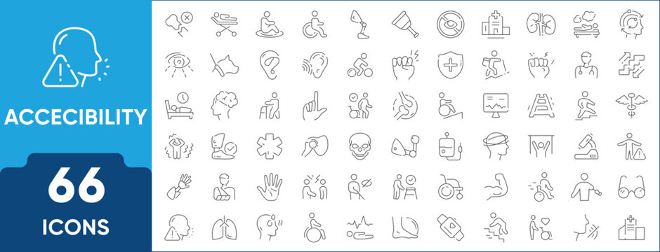 A set of accessibility icons including wheelchair access, braille, hearing aid, prosthetic, mobility cane. Minimal outline design for healthcare, NGOs, and universal access projects.