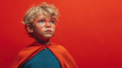 Young boy in confident superhero stance wearing glasses blue shirt and red cape on red background