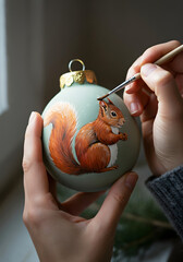 Hand-Painted Russet Squirrel on Matte Sage Ceramic Christmas Bauble — Nordic Craft Macro Process Shot