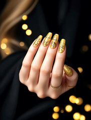 Close-up of female hands with stylish manicure against festive bokeh lights. Detailed nail design, glossy polish and elegant hand pose for beauty category.