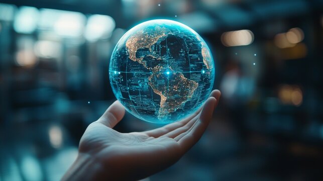 Digital Globe Held in Hand: Conceptual Image of Global Technology, Connectivity, and Future Innovation, Featuring North and South America - Powered by Adobe